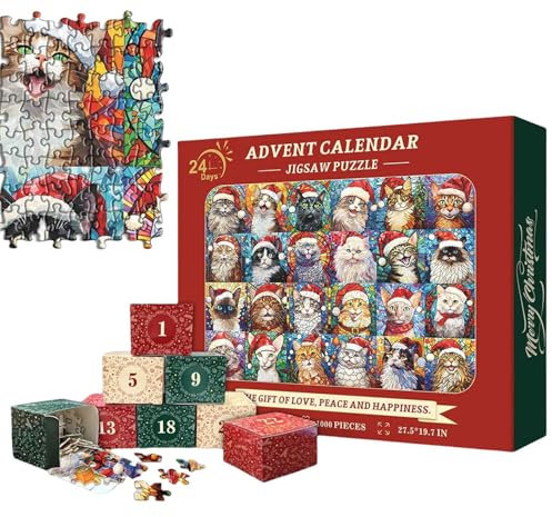 Frohe Weihnachten Katzen Adventskalender Puzzle | Weihnachten Katzen Adventskalender Puzzle 1000 Teile | 24 Boxen Puzzle-Adventskalender Countdown Bis Weihnachten | Geschenke Für Erwachsene Und Kinder