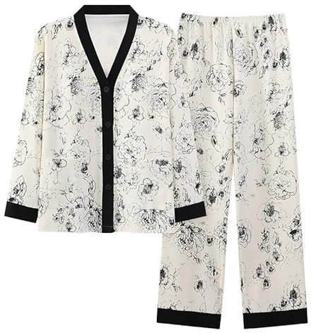 Mrat Damen-Pyjama-Set, 2-teilig, Nachtwäsche, weiches Set, integrierter BH, Blumendruck, elegantes Pyjama-Set, langärmelig, V-Ausschnitt, Button-Down-Shirt, Tops, weites Bein, elastische Hose, Co Ord