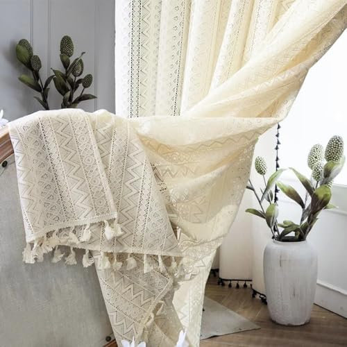 RunFar shop Boho Vorhänge gardine 2er Set Beige Vintage Französische Retro-Häkel Stricken Gardinen Transparent Vorhang Spitzengardinen Curtains für Wohnzimmer Schlafzimmer