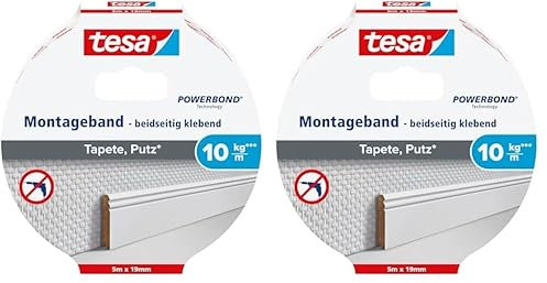 tesa Montageband Tapete&Putz, 10 kg Haltekraft pro Meter - starkes, doppelseitiges Montageklebeband zur Befestigung auf Gips und Tapeten - 5 m x 19 mm (Packung mit 2)