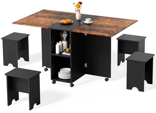 Warmiehomy Folding Dining Table and Chairs Set 4, Brown & Black | Space Saving Drop Leaf Table and Chairs, Foldable Kitchen Dining Room Table with Storage Shelf and 4 Chairs for Living Room
