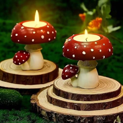 2 Stück Pilz-Kerzenständer, niedlicher Pilz-Kerzenhalter aus Kunstharz, dekorative Gartenornamente, für drinnen und draußen, Teelichthalter