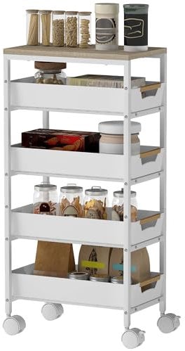 HOMCOM Desserte Cuisine 5 Niveaux, Chariot de Service, Chariot de Rangement à roulettes avec 4 tiroirs coulissants, étagère de Rangement, pour Salon, Cuisine, Salle à Manger, Salle de Bain, Blanc