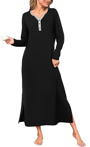 Bresdk Chemise De Nuit Femme Chemises de Nuit Longue Coton Vêtements de Nuit Femme Manches Longues Boutonnée à Col en V Robe de Nuit Grande Taille Hiver Robe