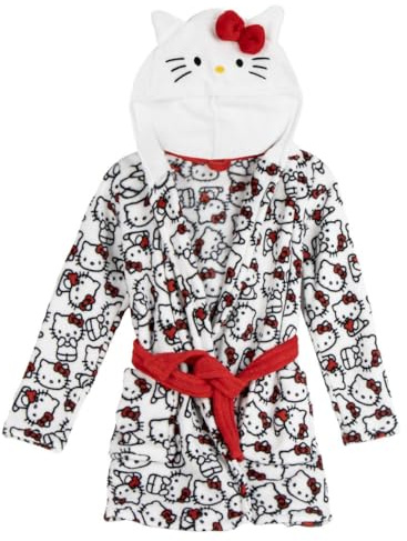Hello Kitty Accappatoio da bambina con cappuccio – Vestaglia soffice con motivo a gatti, orecchie, fiocco, morbido tessuto in pile, caldo, taglie 116-152