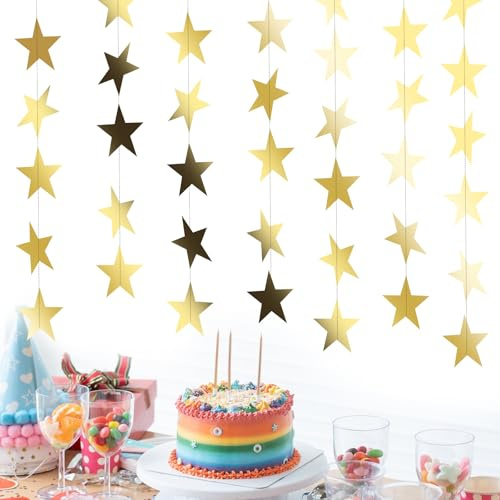 TIESOME 5 Stück Sternengirlande, 4m Goldene Sterne Deko Mit Reflektierendem Effekt Hängende Sternen Girlande Gold Für Geburtstag, Hochzeit, Karneval & Partydeko