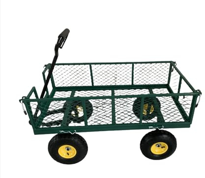 Portable Rolling Garden Carts Wagons With 10-Inch Pneumatic Wheels - Heavy Duty Steel Mesh 250 kg Capacity And Removable Sides, Utility Beach Trolley Cart, Green