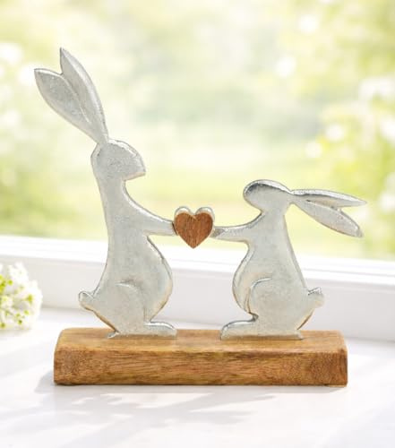 LB H&F Osterdeko Osterpaar Osterhase Herz zum hinstellen Dekoration Ostern Tisch Figur Silber modern Holz Aufsteller (Hase)