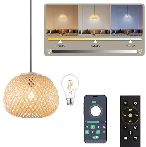 FIRVRE Deckenlampe Bambus Landhausstil, Natürlich Geflochten Lampenschirm Bambus, 32cm Durchmesser, Helligkeit Einstellbar, Boho Lampe mit Glühbirne und Fernbedienung