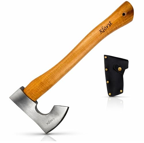 Xforst Axt, Wikingeraxt Survival Beil aus geschmiedetem Karbonstahl | Handbeil mit Hickory Holzstiel und Schneidenschutz aus echtem Leder | 38 cm Länge, 0,86 kg Gewicht | Modell X-H6