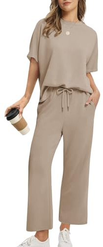 Rayson Tuta Estiva Donna Sportiva con Scollo Rotondo e Ampie Tasche Completo Tuta Donna T-Shirt & Pantaloni Casual per Jogging, Training, Casa, Working(Kaki,XL)