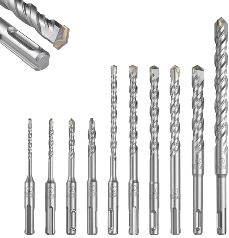 GEINXURN SDS-Plus Bohrer Set (Ø4-16 mm x 110/160/210mm),10-tlg.Hammerbohrer Betonbohrer mit Gerader Hartmetallschneide und Doppelwendel für Mauerwerk, Stein, Stahlbeton, Naturstein, Ziegel