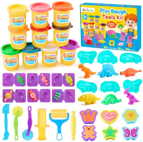 34 Stück Knete Zubehör für Kinder, Knetmasse Set mit 10 Dosen à 50g ungiftige Knete, Dinosaurier & Bonbonformen, Nudelpresse und Knetwerkzeuge, Kreatives Bastelset Geschenk für Jungen Mädchen