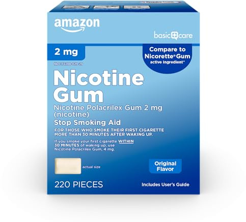 Amazon Basic Care Uncoated Nicotine Polacrilex Gum 2 mg, Original Flavor, Stop Smoking Aid, Quit Smoking, Reduces Cravings, 220 Count
