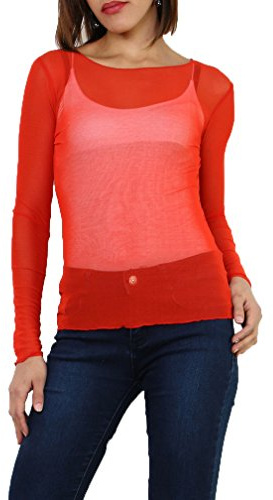 Miss Rouge: T-Shirt,résille,Haut en Voile Transparente,Taille Unique 36-40 (Rouge)