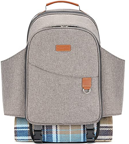 HappyPicnic Isolierter Picknickrucksack für 2 Personen mit komplettem Geschirrset, geräumigem Kühlfach, Flaschenhaltern und großer wasserdichter Picknickdecke, gebürstetes Khaki