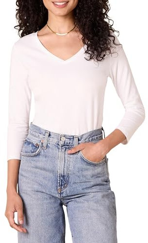 Amazon Essentials Women's Regular-Fit 3/4 Sleeve V-Neck T-Shirt (Available in Plus Size), White, M