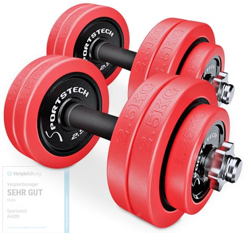 Sportstech 2in1 Hantelset mit Silikonüberzug, Deutsche Qualitätsmarke, Kurzhanteln & Langhantel in einem, Hanteln mit 20kg/30kg aus Gusseisen, effektives Fitness Krafttraining, AH300, Vergleichssieger
