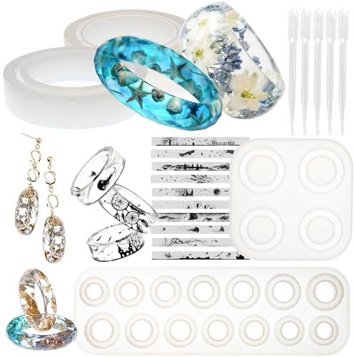 FUNSHOWCASE Armband, Ring Silikonform Set, Schmuck Epoxidharz Formen für Halskette, Ohrringe, Schlüsselanhänger, Anhänger, DIY Basteln, Harzfolien, Tropfenzähler aus Plastik, 12 Stücke
