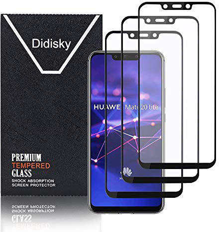 Didisky 3-Unidades Cristal Templado Protector de Pantalla para Huawei Mate 20 Lite, Antihuellas, Sin Burbujas, Fácil de Limpiar, 9H Dureza, Fácil de Instalar, Borde negro