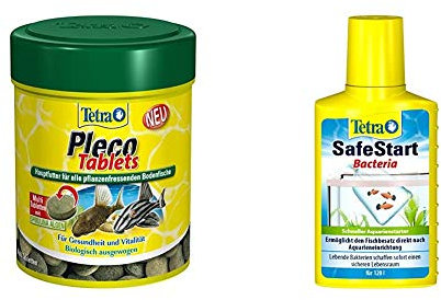 Tetra Pleco Tablets – Nährstoffreiches Hauptfutter für alle pflanzenfressenden Bodenfische (z.B. Welse), verschiedene Größen & SafeStart Aquarienstarter, 100 ml Flasche