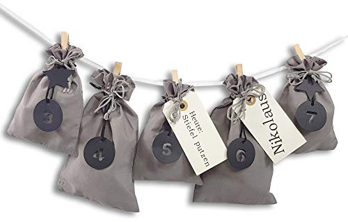 Frau WUNDERVoll® Stoff Adventskalender zum Befüllen Schneeflöckchen grau Stoffbeutel, Ziffern schwarz/Weihnachten Beutel Säcke Säckchen Stoffsack Baumwolle Geschenkbeutel kinder Kinderadventskalender