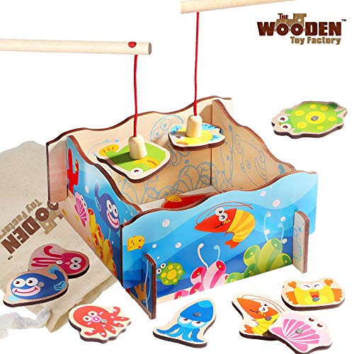The Wooden Toy Factory - Magnetic Fishing Game - (*BONUS*: Includes Storage Bag For Fish And Rods) - Educational Toddler Activity Toy for 1 2 3 4 Year Olds