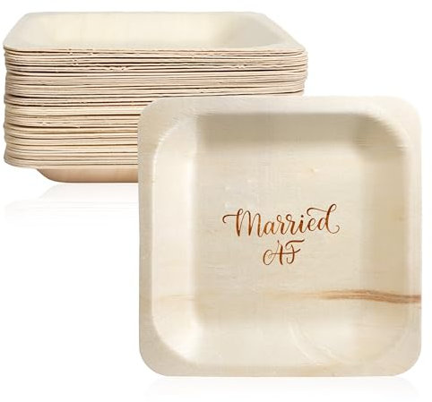 Married AF Disposable Wedding Plates – Rustic, Compostable Alternative to Plastic Plates for Wedding Receptions, Engagement Parties, and Rehearsal Dinners (Appetizer, 50-Pack)