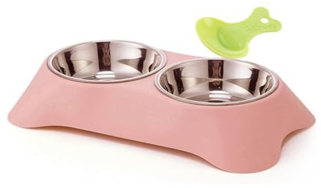 Double Dog Bowl,Non Slip Non-spill Stainless Steel Double Bowl with 1 Pet Food Spoop For Small Dogs and Cats (Pink, S)