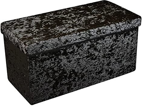 HomeHarmony® Crushed Velvet Quilted Top Folding Storage Ottoman Seat, Stool, Toy Storage Box (Large Black)