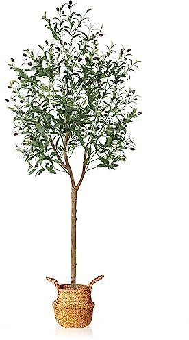 Artificial Olive Tree 6FT – Tall Faux Tree with Realistic Silk Leaves, Handmade Seagrass Basket, Low-Maintenance Large Fake Plants for Modern Office, Floor & Home Decor, Living Room, Indoor Plants