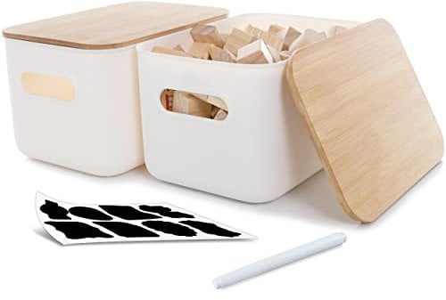 Kerhouze Lot de 2 Boîtes de Rangement 6.5L Plastique avec Couvercle en Bambou Boîtes de Rangement Empilables pour Organiser Panier de Rangement avec Poignées 26x17,8x15,5cm,Blanc