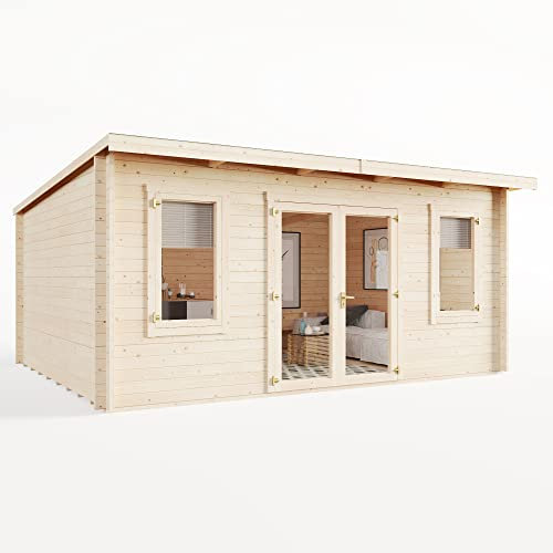 BillyOh Fraya 5m x 3m Log Cabin Summer House Shed with Standard Treatment Wood, Modern Pent Roof, Double Doors & Shatterproof Windows – Garden Room, Gym, Outdoor Office, Studio, or Garden House