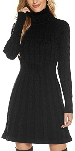 QUNERY Mujer Vestido Punto Elegante Manga Larga para Suéter,Casual Jersey Vestidos Invierno de Cuello Alto B-Negro-A Line M