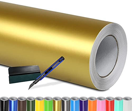Folindo® Autofolie Gold Matt (10€/m²) | 300 x 152 cm | + Rakel & Cutter | Selbstklebende Luftkanal Folie zur Auto Folierung | Blasenfrei