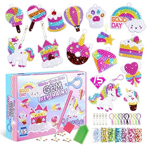 CAYUDEN Diamond Painting Kinder, 15 Stück Diamond Schlüsselanhänger DIY Diamond Painting Keychain Kits Kids 5D Einhorn Diamant Painting Anhänger Gem Ornamente Bastelset Kinder 4 6 8 10 12 Jahre