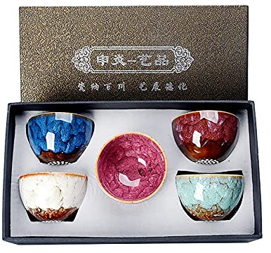 ZEDARO Set di 5 Tazze da tè orientali Kung Fu, Tazza da caffè Sempre in Piedi in Ceramica con Motivo Squisito, Collezione di Designer Artigianali, Regalo per Padre, Marito, Amico, 5 Elementi Decorate