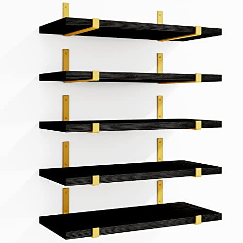 Fixwal Floating Black Gold Shelves Set of 5, Width 4.7 Inches, Rustic Wood Wall Storage Shelves for Bedroom, Living Room, Kitchen, Bathroom, Home Decor, Laundry Room, Office and Plants