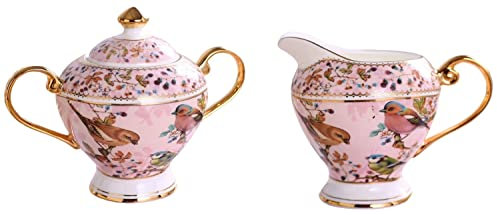 YBK Tech Pot à lait et sucrier en porcelaine anglaise pour déguster du café Motif oiseaux et arbres Rose