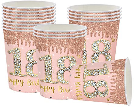 YAAVAAW Happy 18th Birthday Paper Cups, Rose Gold, 16 Pcs, Girls' Birthday Party Tableware