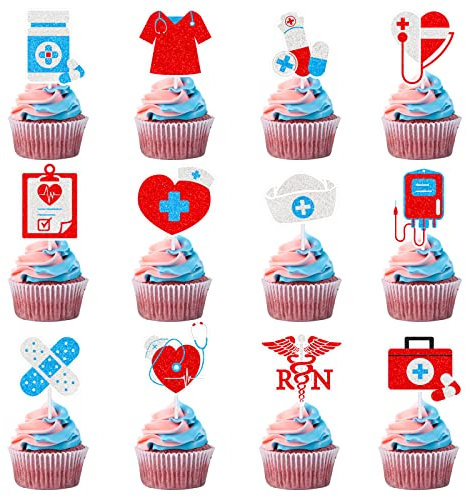 Whaline 48Pcs Nurse Theme Cupcake Toppers Nursing Paper Cake Picks Medical Instruments Pills Shape Cupcake Food Sticks for Nursing Graduation Retirement Party Supplies Cake Decoration, 12 Design