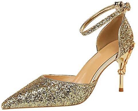 JOEupin Sexy Stiletto-Pumps für Damen, geschlossene Zehenpartie, glitzernde Pailletten, Knöchelriemen, 7,6 cm Absatz, Sandalen, Kleiderschuhe für Party, Hochzeit, Abend, Gold, 39 EU