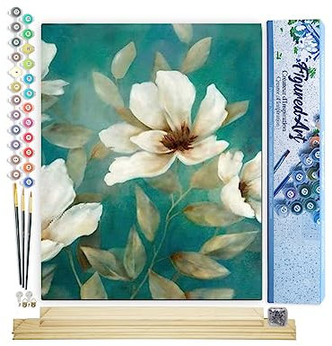 Figured'Art Peinture par Numéro Adulte Fleurs blanches abstraites - Activité Manuelle Kit de Loisir Créatif DIY Numéro d'Art Complet - 40x50cm avec châssis en bois à monter