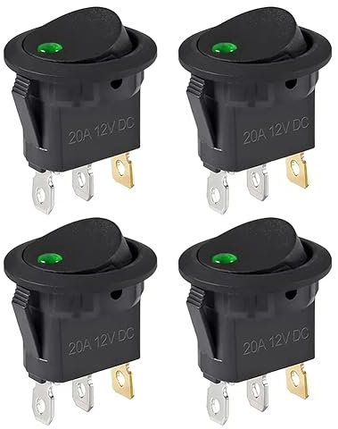 LYEAA 4-teiliger beleuchteter Wippschalter, wasserdicht, DC 12 V, 20 A, runder Wipp-Kippschalter, 3-polig, SPST, EIN/AUS-Schalter mit LED-Licht for Auto, Auto, Boot, LKW (grün)