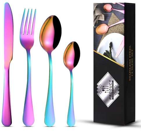 16-Piece Rainbow Stainless Steel Flatware Set, LAVISHLY Mirror Polished Cutlery for 4 People, Durable & Dishwasher Safe Tableware