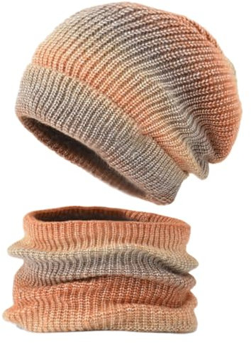 EXQUILEG Winterset für 2-Teilig bestehend aus Loop-Schal und Wintermütze, Frauen Mädchen Unisex Zopfmuster Strickmütze Winter Kombi Geschenkset (Orange)