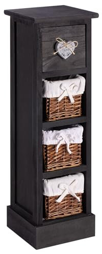 IDIMEX Chiffonnier Flower Petit Meuble avec 1 tiroir et 3 paniers étagère en Bois de Paulownia Noir, Style Shabby Chic Vintage Rustique Romantique