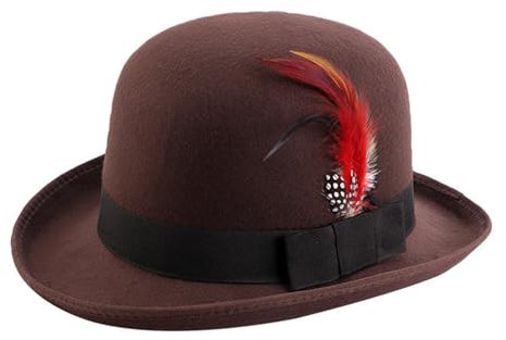 Michear Harter Filz Bowler Hut Wolle Bowler Hut mit Feder Satin gefüttert für Mann Frau, braun, One size