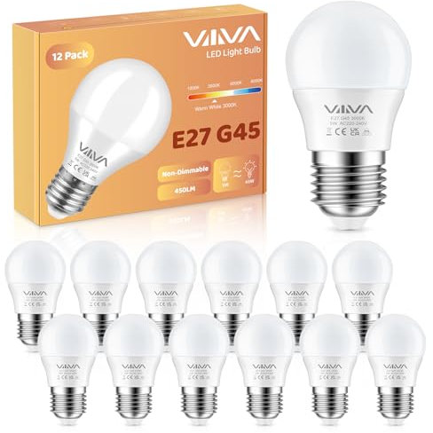 VIIIVA E27 Screw Light Bulbs 5W, Warm White 3000K, (45W Equivalent) Energy Saving, 450LM E27 LED Bulbs, G45 Golf Ball LED Edison Bulb, CRI>80, Non Dimmable, for Home Lighting, 12 Pcs(4.5 * 8.31 CM)