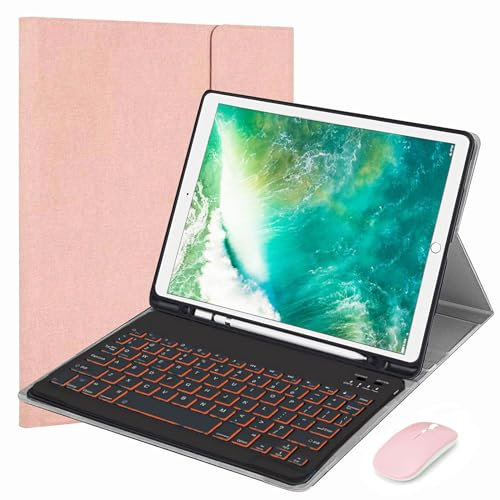 VLEAQC Keyboard Case and Mouse for iPad Pro 12.9 inch 2017/2015 (2nd & 1st Generation), Detachable Wireless Keyboard with 7 Colors Backlit, Lightweight Protective Case with Pencil Holder,Pink